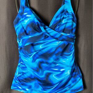 Lands' End Women's 4R, 2L-10L V-Neck Wrap Underwire Tankini Swimsuit Top Electri